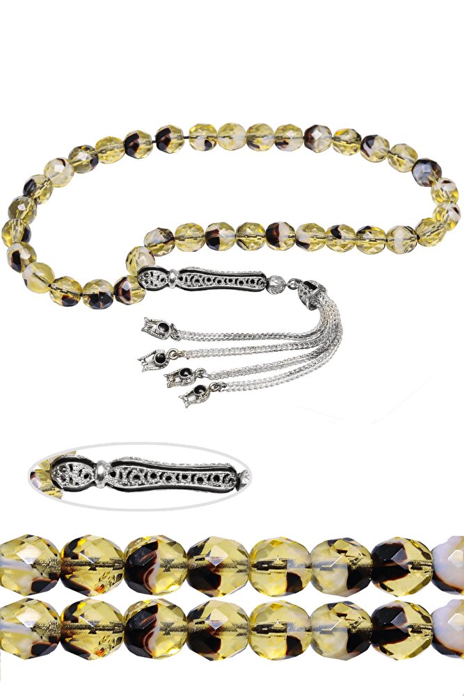 Sertifikalı Siyah Sarı Renkli Telkari Püsküllü Doğal Kuvars Taşı Tesbih