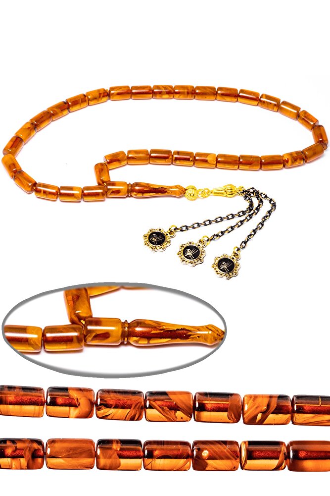 Sertifikalı Turuncu Renkli Hareli Sıkma Kehribar Tesbih