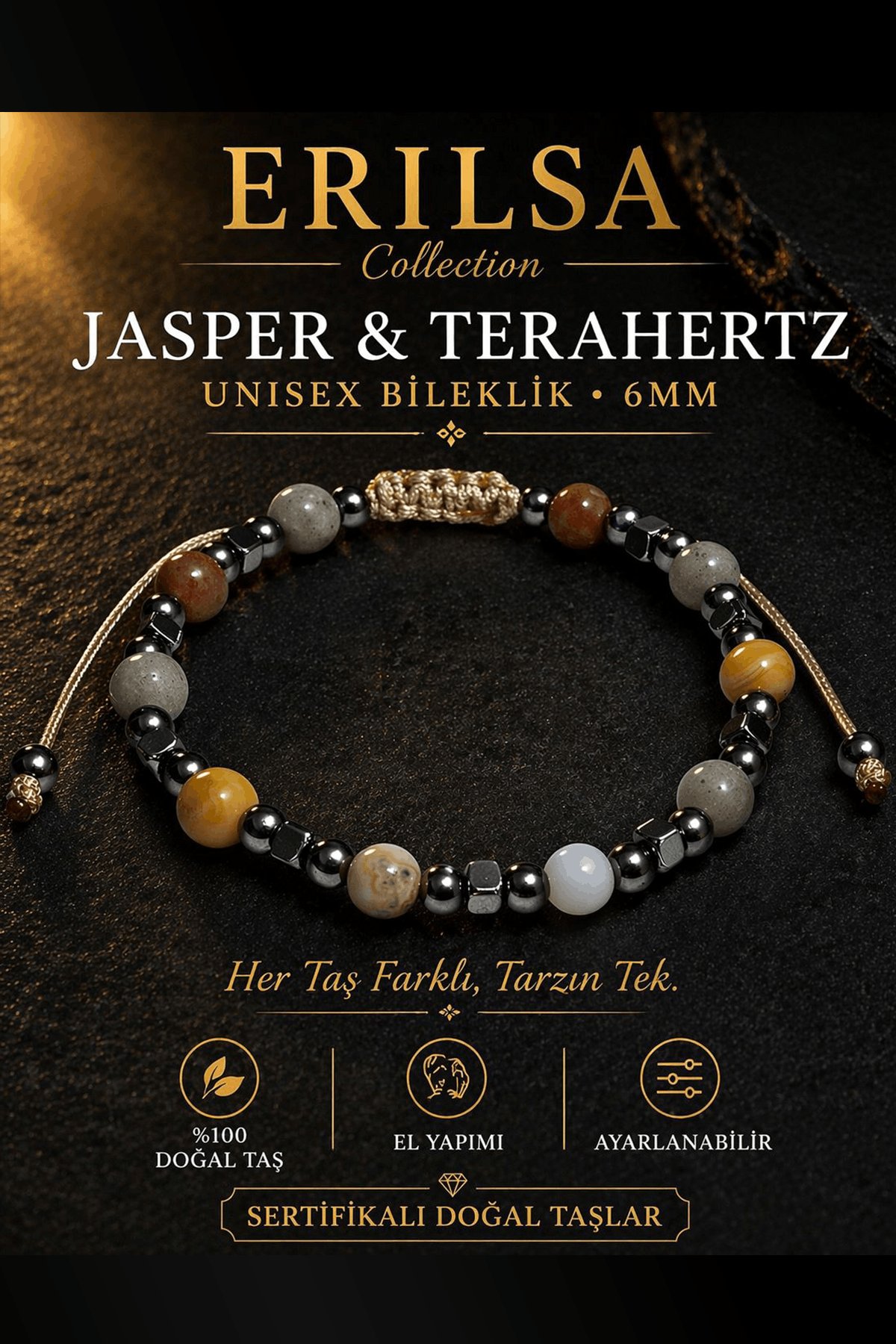 Sertifikalı Jasper Terahertz Bileklik - 6 MM Doğal Taş Unisex Ayarlanabilir - Doğal Stil