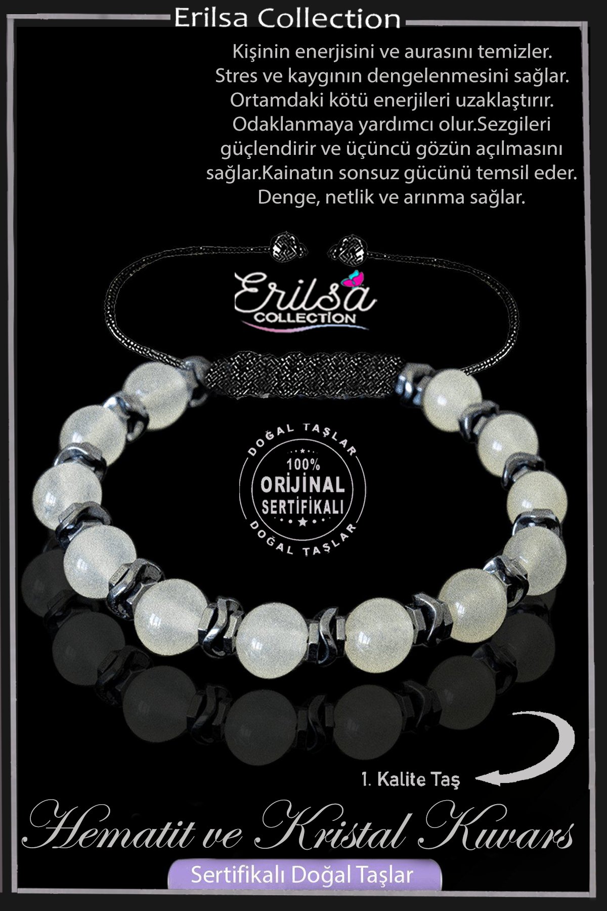 Sertifikalı Orijinal Hematitli - Kristal Kuvars Taşı Bileklik - Ayarlamalı