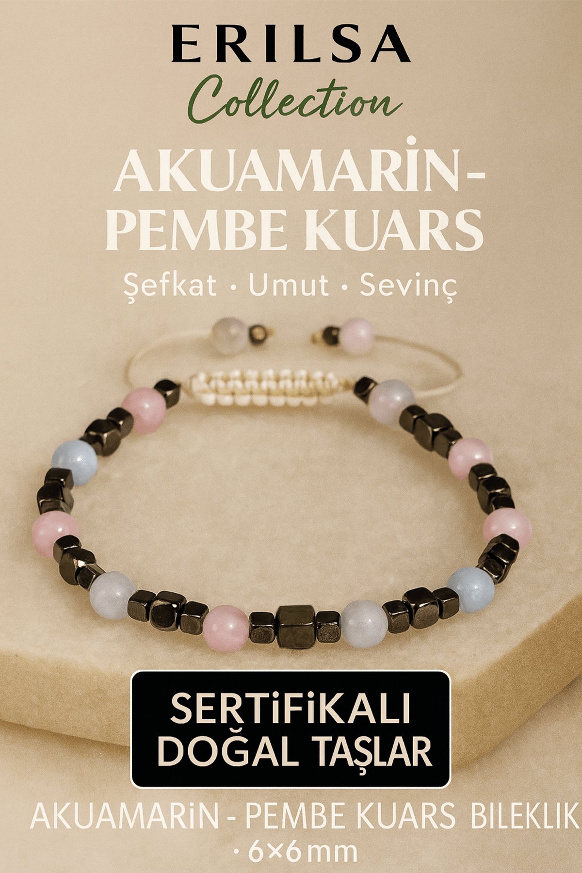 Sertifikalı Doğal Terahertz Akuamarin – Pembe Kuvars Taşı Bileklik 6x6 mm Şefkat ve Umut Taşı