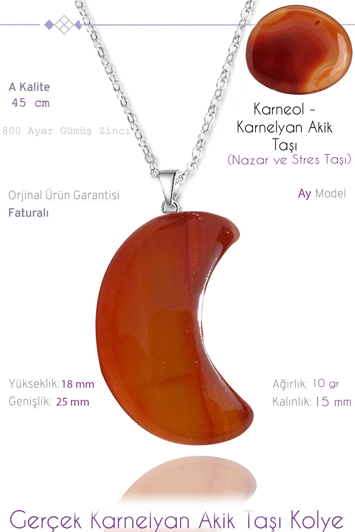 Sertifikalı Ay Model Gerçek Karnelyan Akik Taşı Kolye