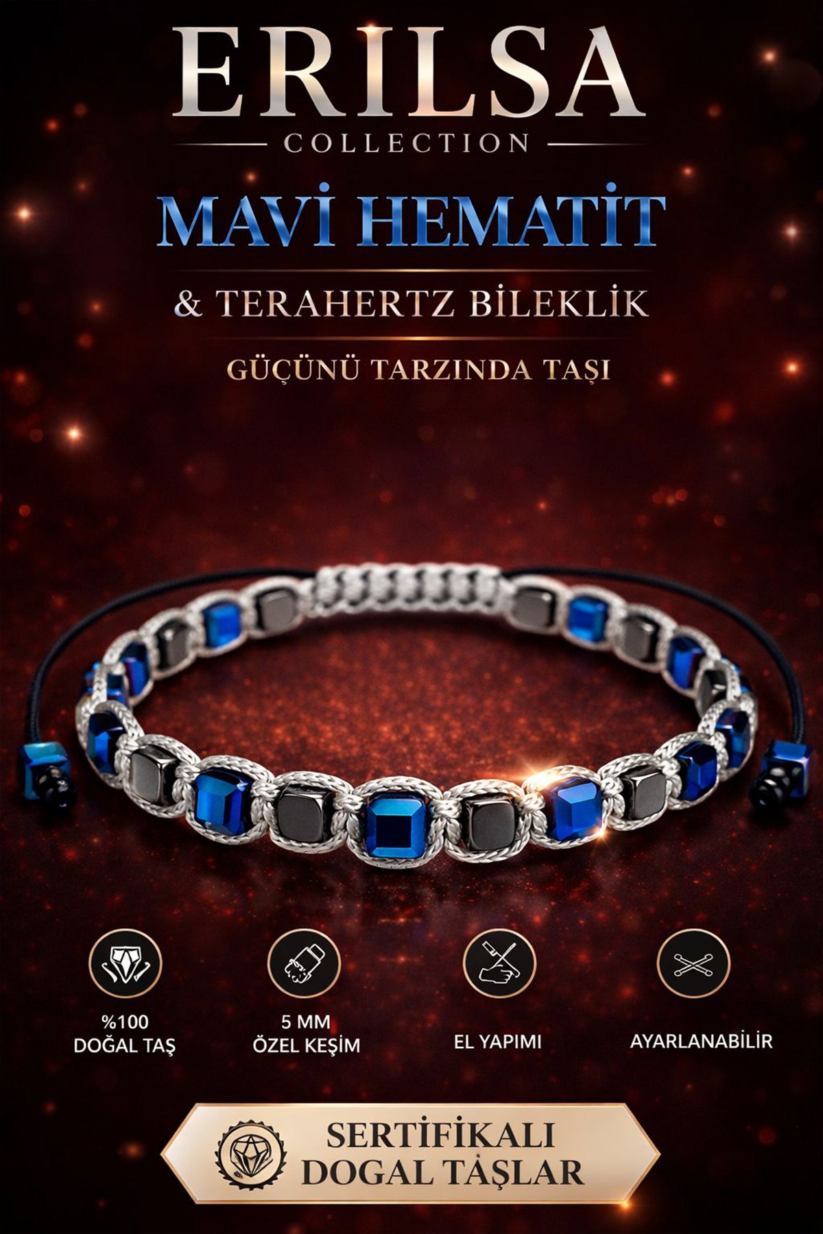 Sertifikalı Mavi Hematit Terahertz Bileklik - 5 MM Küp Kesim – Doğal Taş El Yapımı Ayarlanabilir