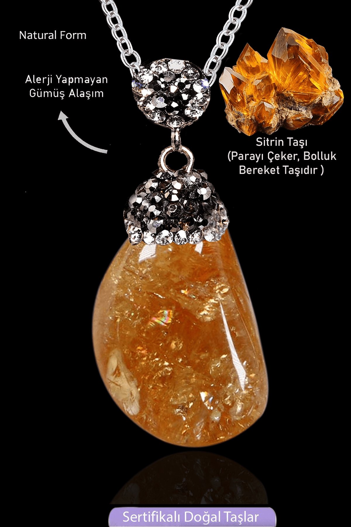 Sertifikalı Zirkon Taşlı Model Ham Sitrin Taşı Doğal Taş Kolye