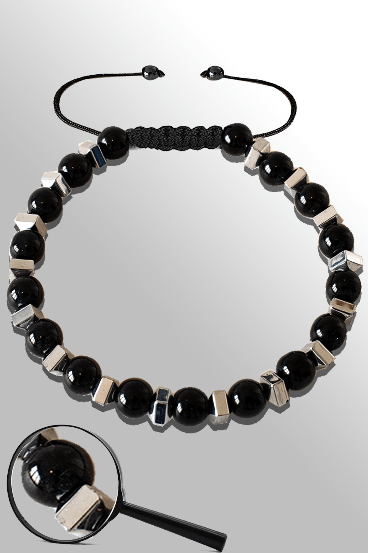 Sertifikalı Gümüş Falezli Siyah Obsidyen Taşı Bileklik - Ayarlamalı