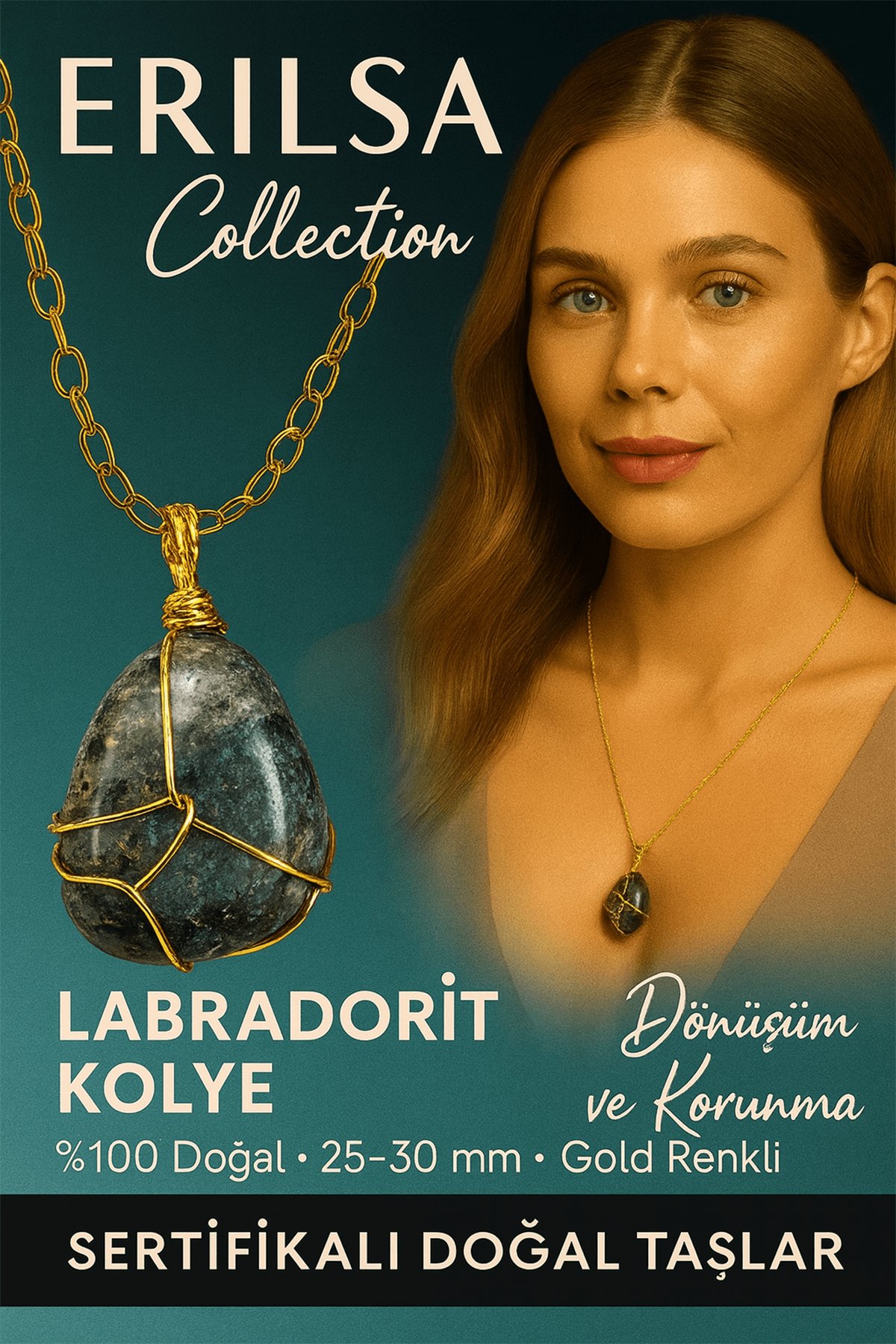 Sertifikalı Tel Sargılı Doğal Gold Labradorit Taşı Kolye – Altın Kaplama Sezgi ve Koruma Taşı