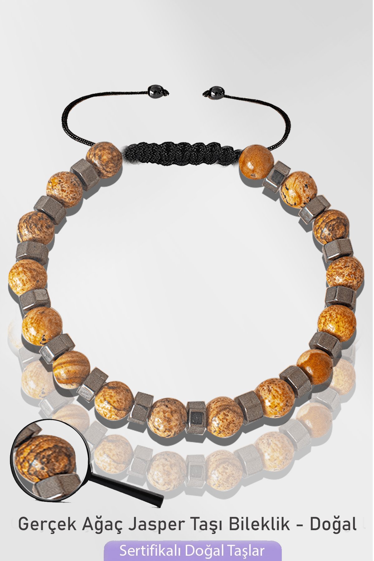 Sertifikalı Silver Hematitli Toprak Ağaç Kahverengi Jasper Taşı Bileklik - Ayarlamalı