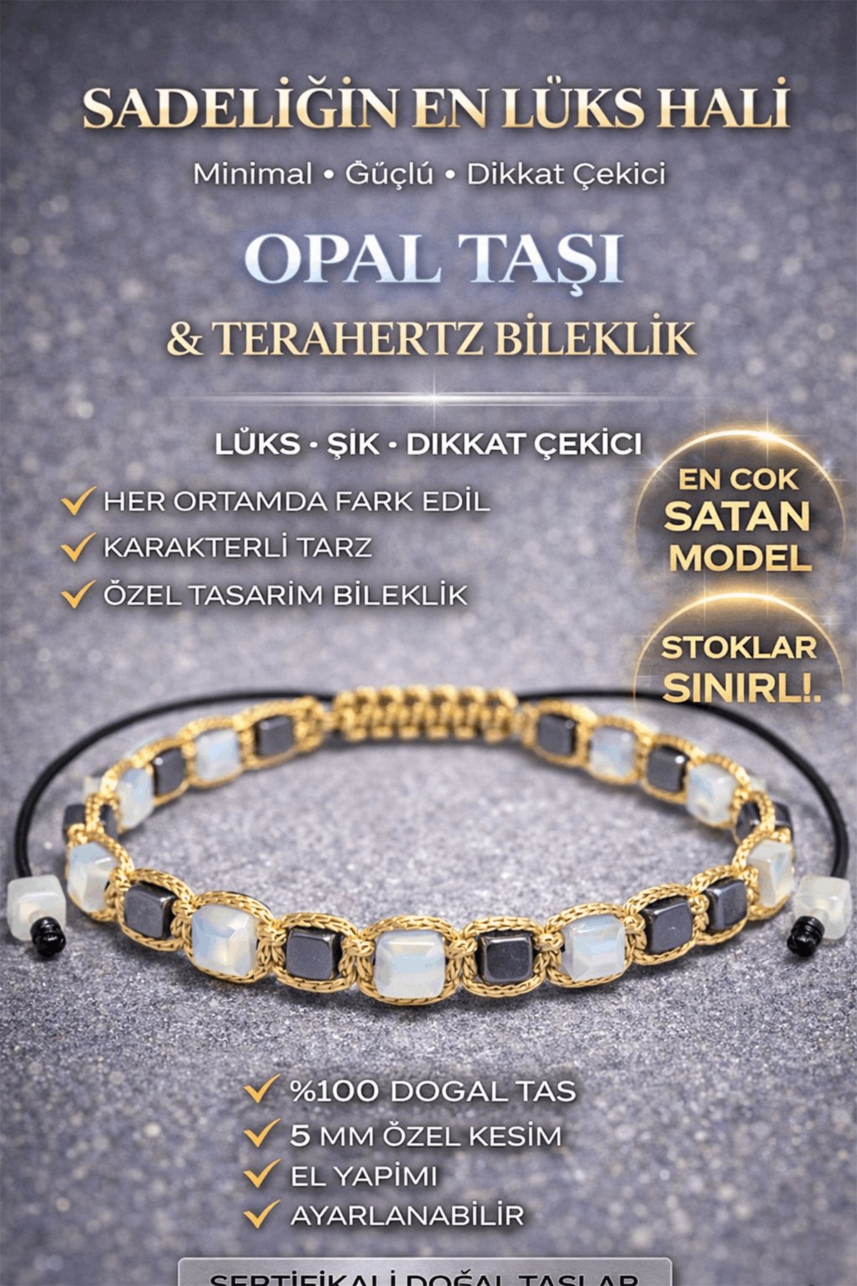 Sertifikalı Opal Taşı Bileklik - 5 mm Küp Kesim Terahertz Doğal Taş Ayarlanabilir Lüks Minimal 