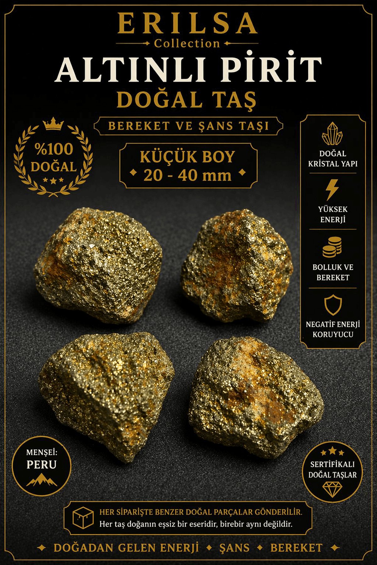 Sertifikalı Altınlı Pirit Doğal Taş Kütle - 40-60 mm Orta Boy Ham Kristal