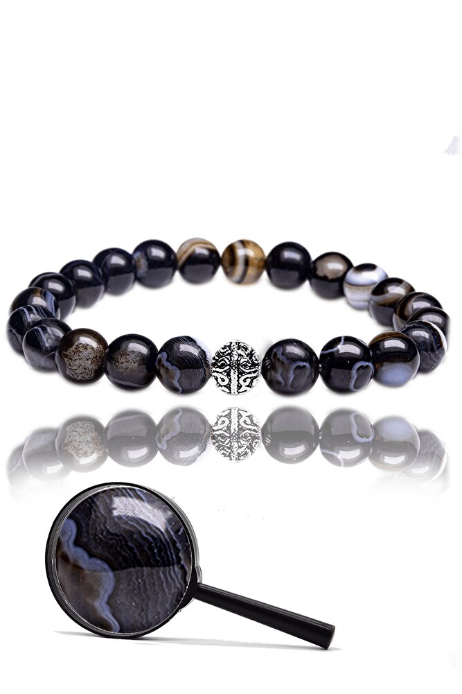 Sertifikalı Siyah Göz Akik Doğal Taş Bileklik - Gümüş Aparatlı