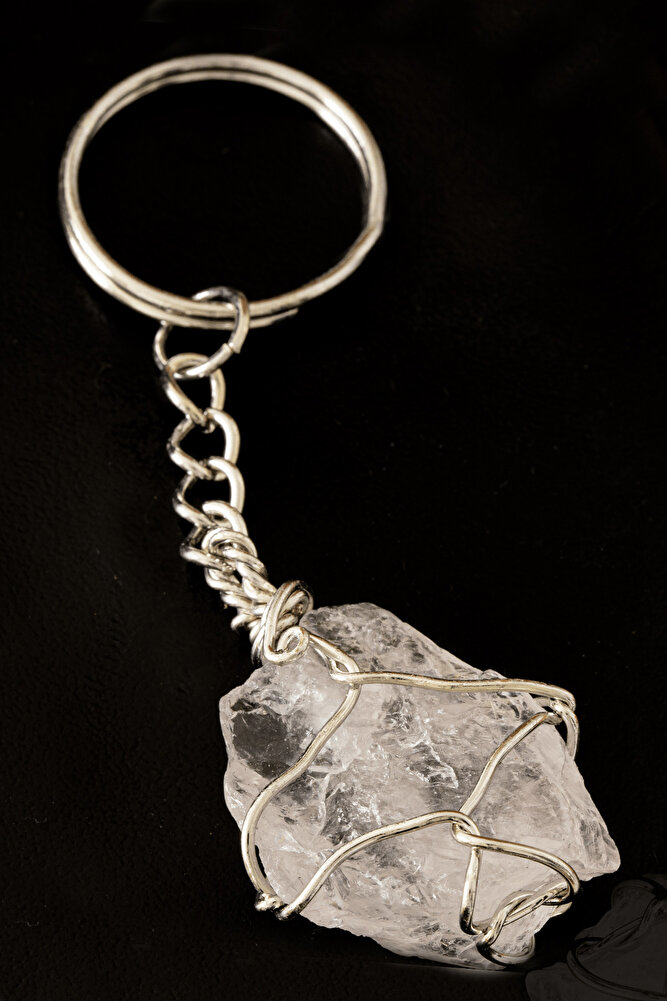 Sertifikalı Tel Sargılı Ham Işlenmemiş Kristal Kuvars Taşı Anahtarlık