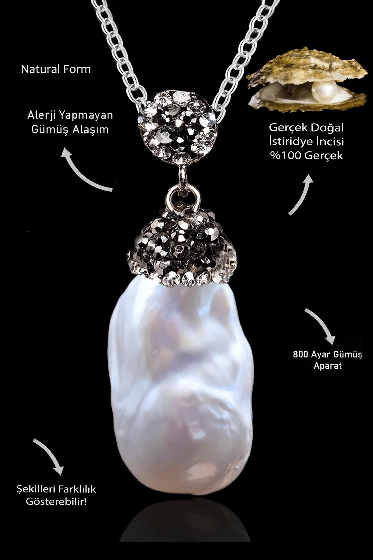 Sertifikalı Zirkon Taşlı Model Ham Doğal Barok Inci Kolye - İstiridye İncisi