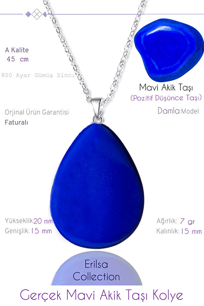 Sertifikalı Damla Model Mavi Akik Taşı Kolye