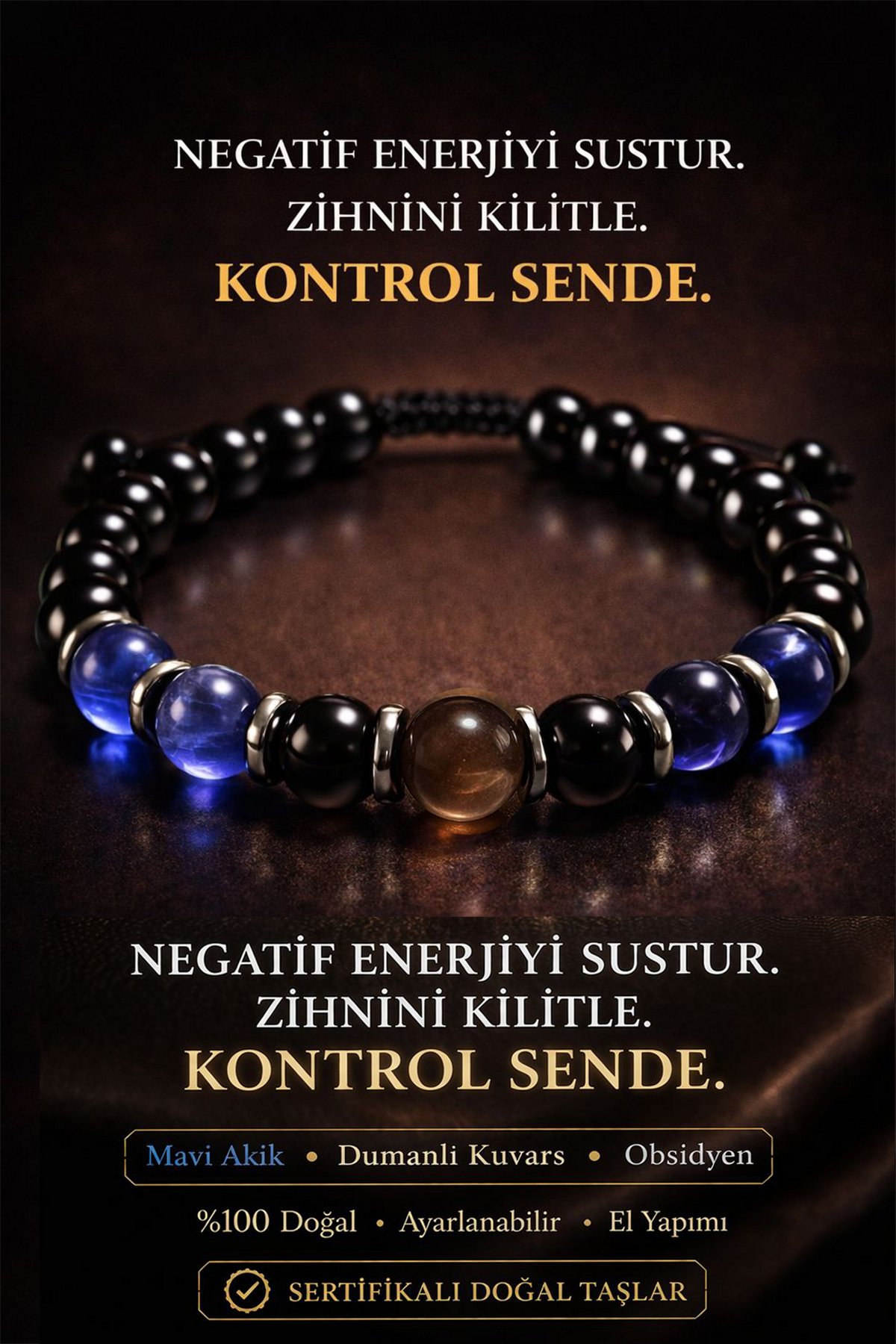 Sertifikalı Mavi Akik Dumanlı Kuvars Obsidyen Bileklik 8 mm Terahertz Aparatlı Unisex