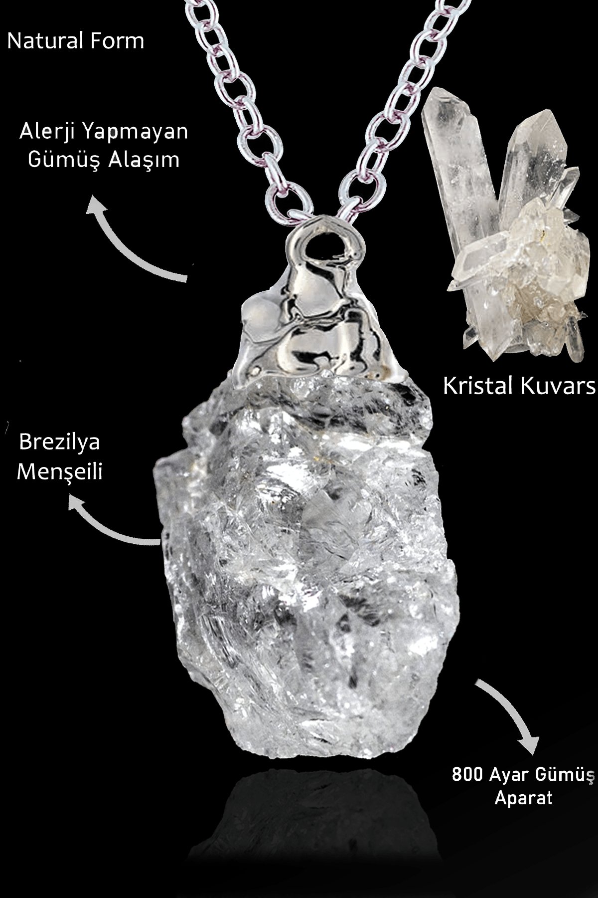 Sertifikalı Ham İşlenmemiş Gerçek Kristal Kuvars Taşı Kolye