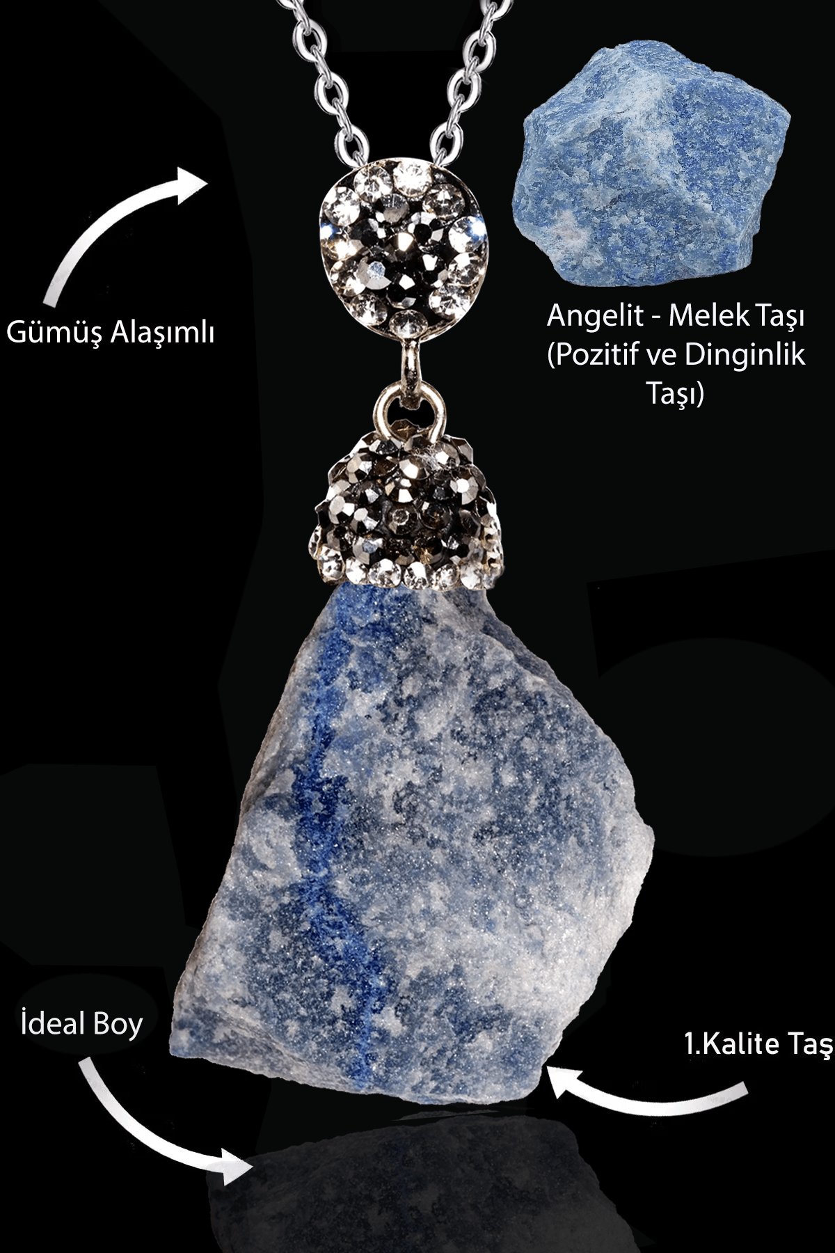 Sertifikalı Zirkon Taşlı Ham İşlenmemiş Angelit Taşı Kolye (Melek Taşı)
