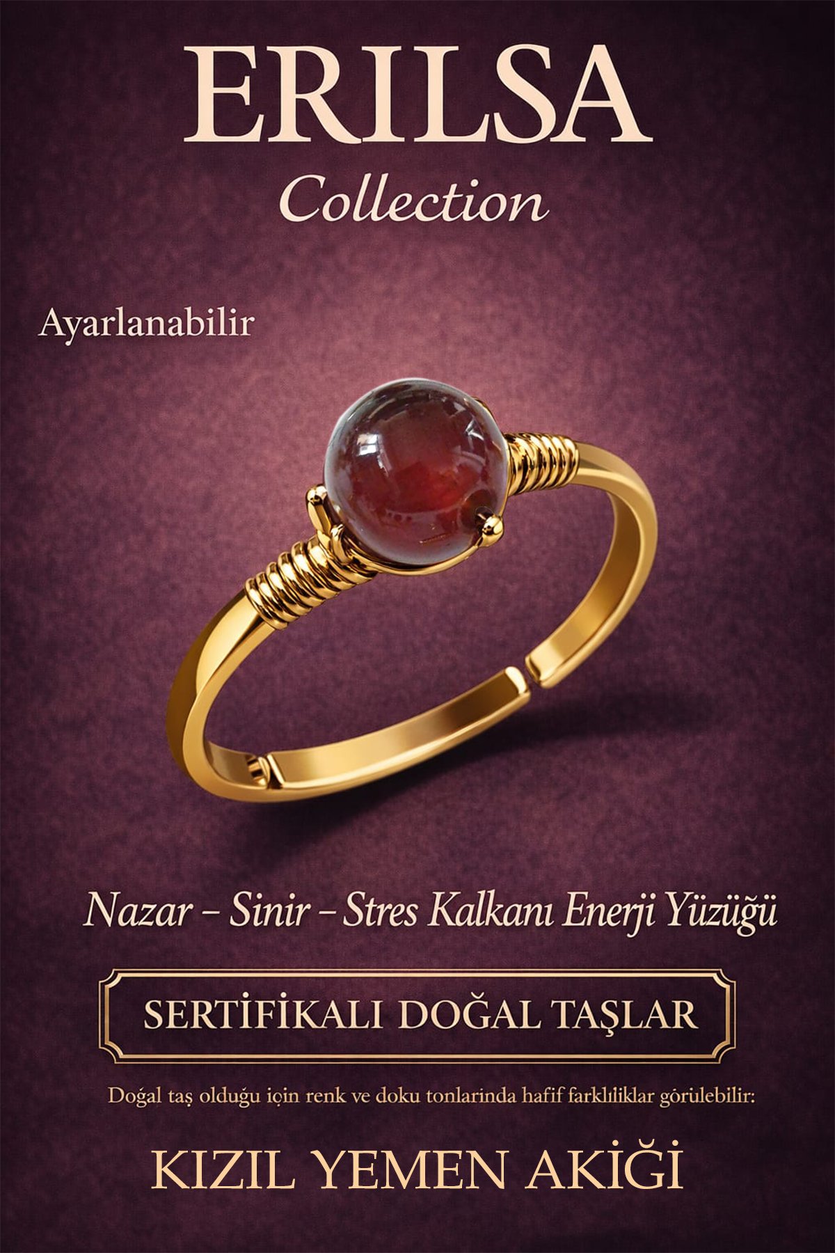Sertifikalı Nazar Stres Kalkanı Enerji Yüzüğü - Kızıl Yemen Taşı Gold Ayarlanabilir Koç Aslan Burcu