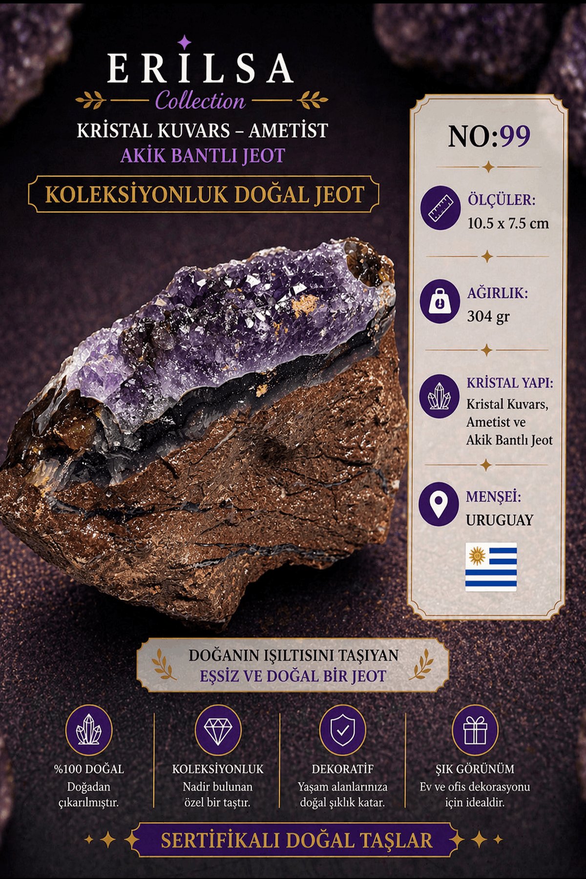 Sertifikalı Kristal Kuvars Ametist Akik Bantlı Jeot Doğal Taş Koleksiyonluk Dekoratif 10.5x7.5