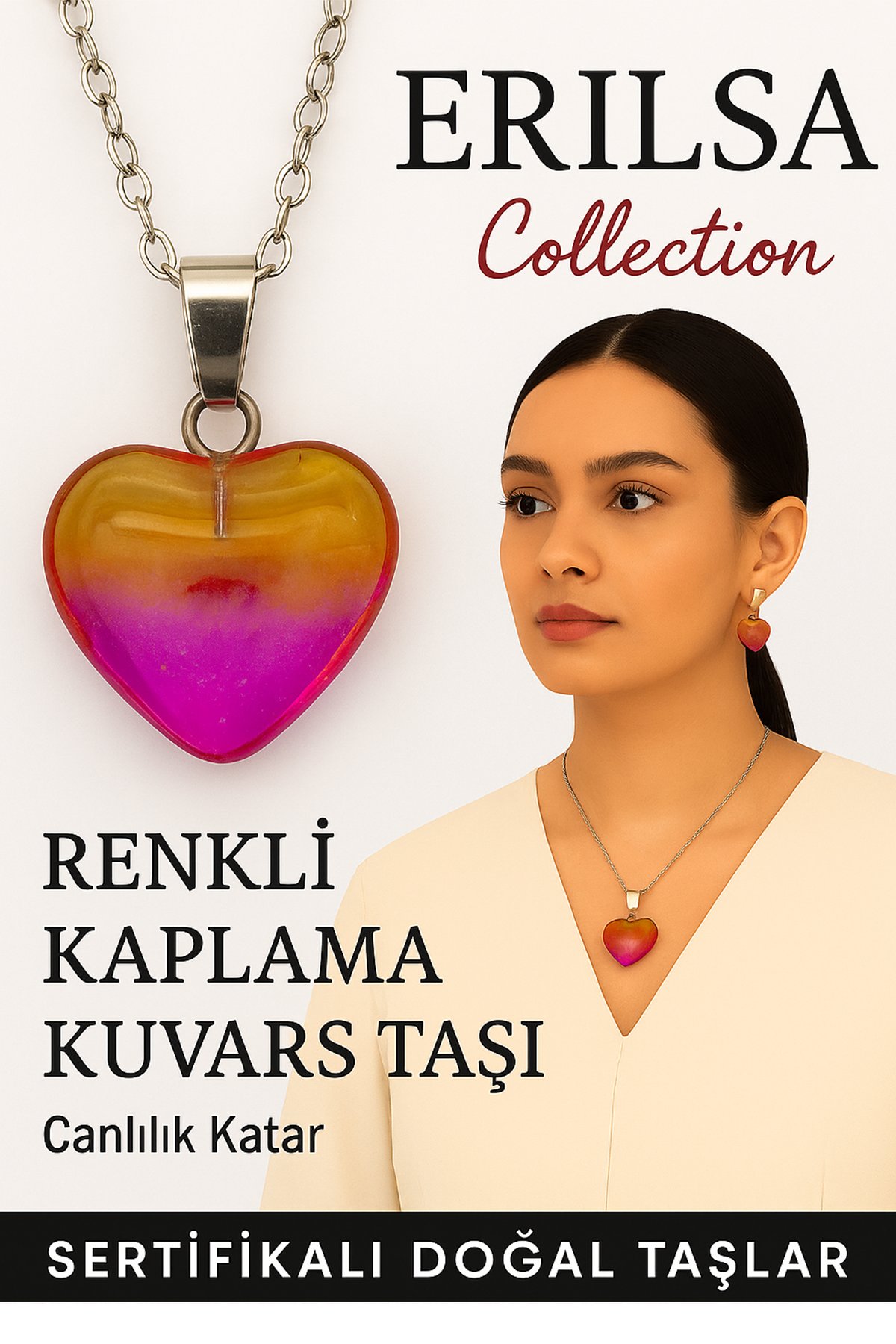 Sertifikalı Renkli Kaplama Kuvars Taşı Kolye (Mor Sarı) – Zihinsel Berraklık ve Yaşam Enerjisi Taşı