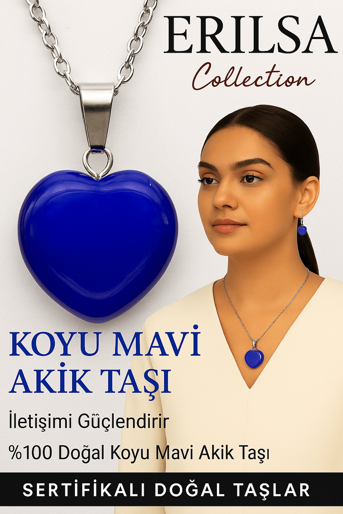 Sertifikalı Kalp Model Koyu Mavi Akik Taşı Kolye – Negatif Enerjiye Karşı Kalkan ve Ruhsal Arınma