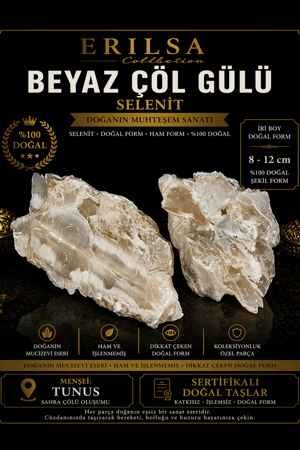 Sertifikalı Beyaz Çöl Gülü Selenit Taşı Kütle - 8-12 cm Diş Formu Doğal Kristal Ham Koleksiyonluk