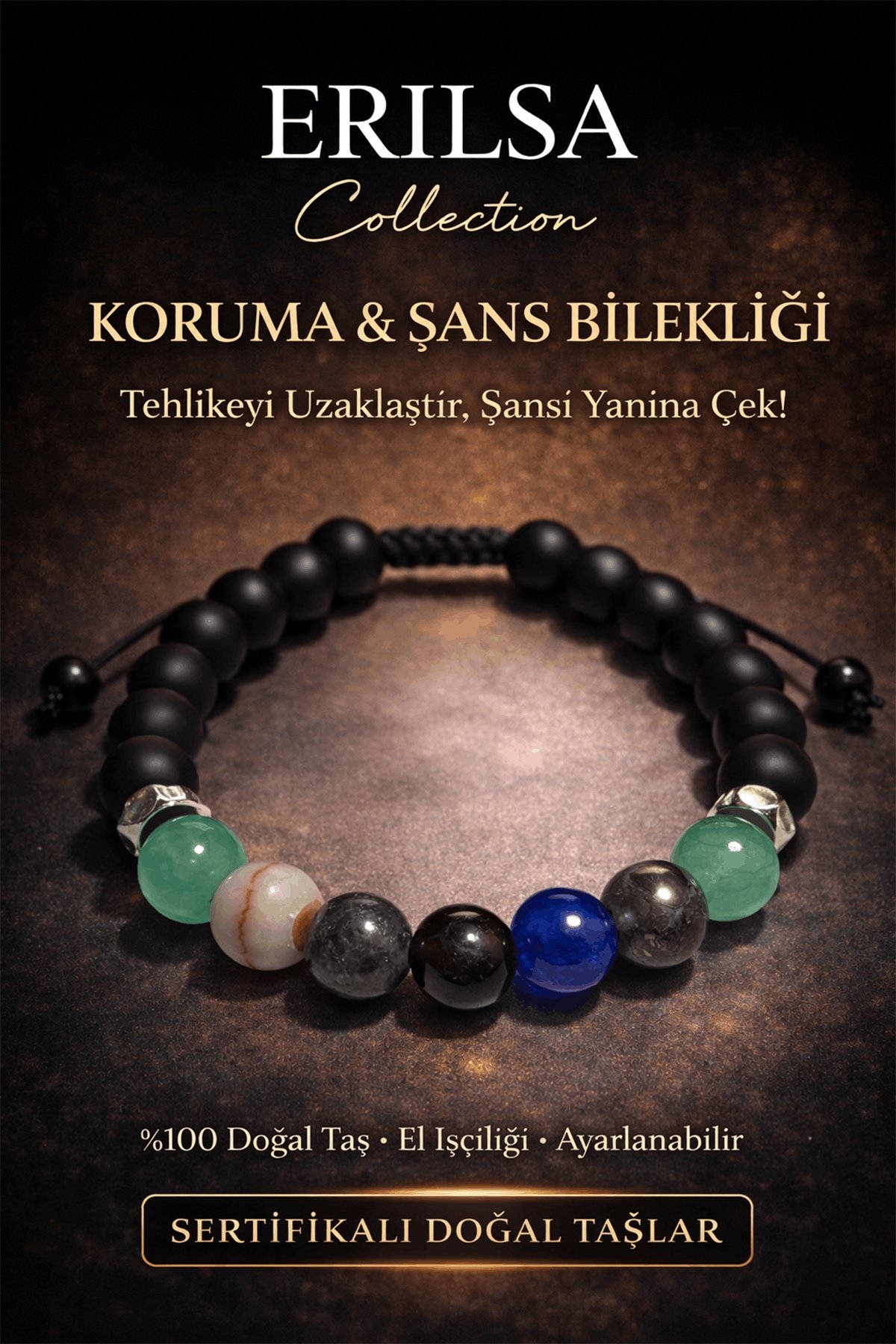 Sertifikalı Koruma Nazar Şans Bilekliği - Aventurin Jasper İyolit Dumanlı Kuvars Akik Taşı