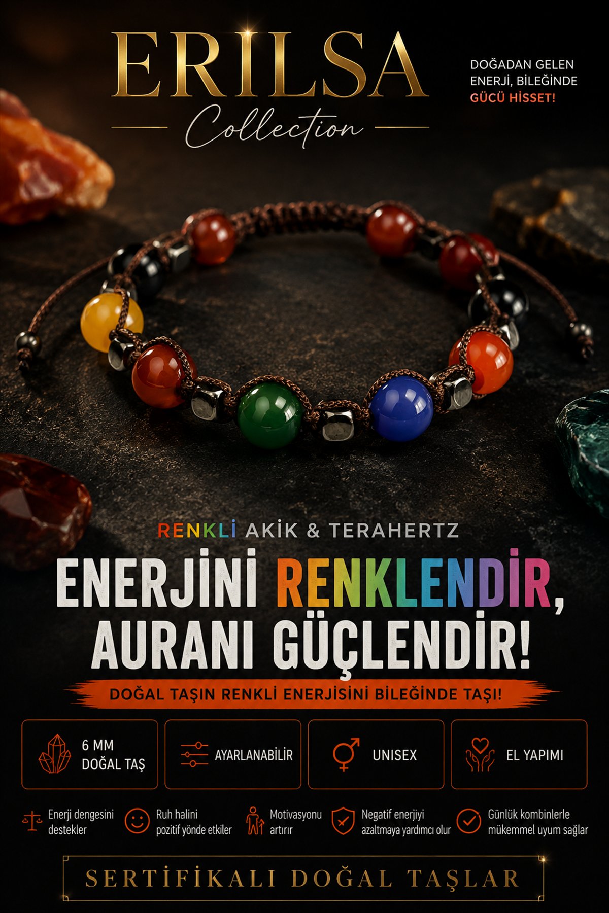 Sertifikalı Renkli Akik Terahertz Doğal Taş Bileklik 6 MM Ayarlanabilir Unisex - Nazar Bereket Güç