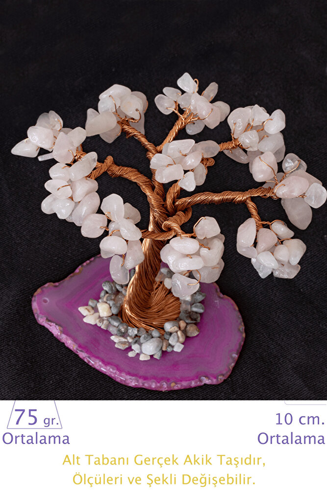 Sertifikalı Gerçek Pembe Kuvars Doğal Taşı Ağaç - Akik Plakalı