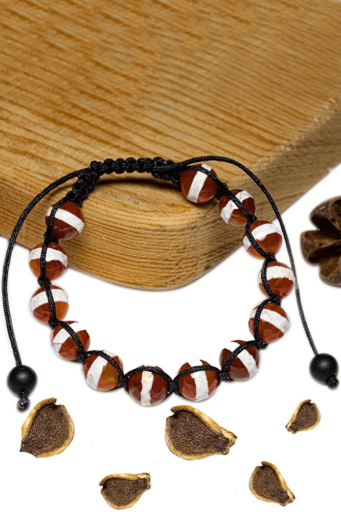 Sertifikalı Çizgili Kırmızı Tibet Akik Taşı Bileklik