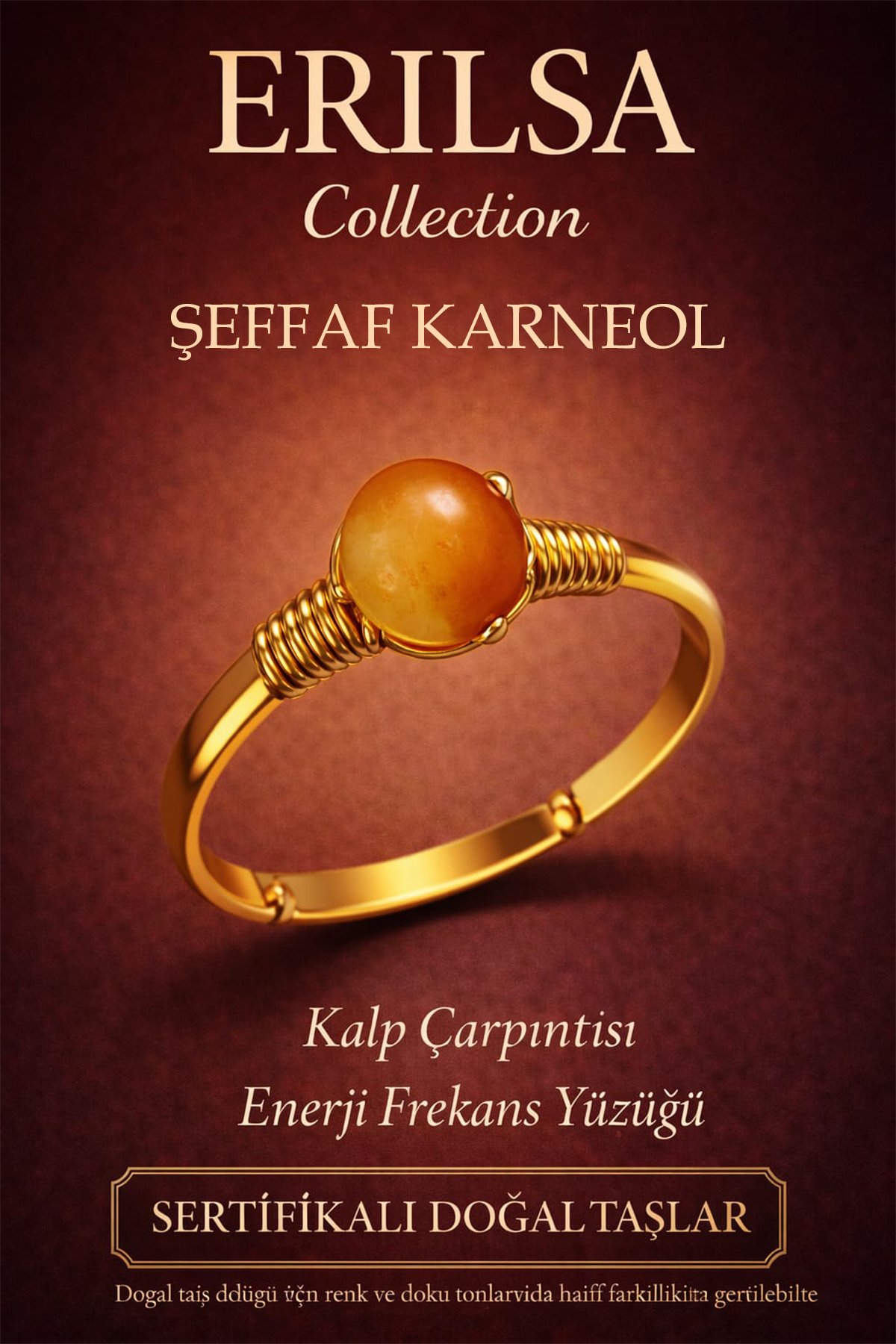 Sertifikalı Kalp Enerji Denge Yüzüğü – Şeffaf Karneol Ayarlanabilir Gold İnce Kasa Koç Aslan Burcu