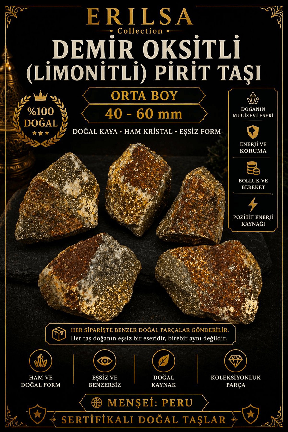 Sertifikalı Doğal Demir Oksitli Pirit Taşı Kütle - 40-60 mm Orta Boy Limonitli Ham Taş