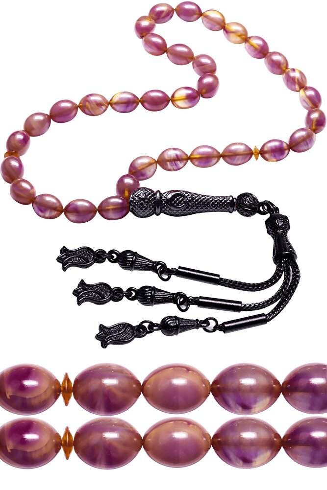 Sertifikalı Mor Renkli Kararmaz Püskül Sıkma Kehribar Tesbih