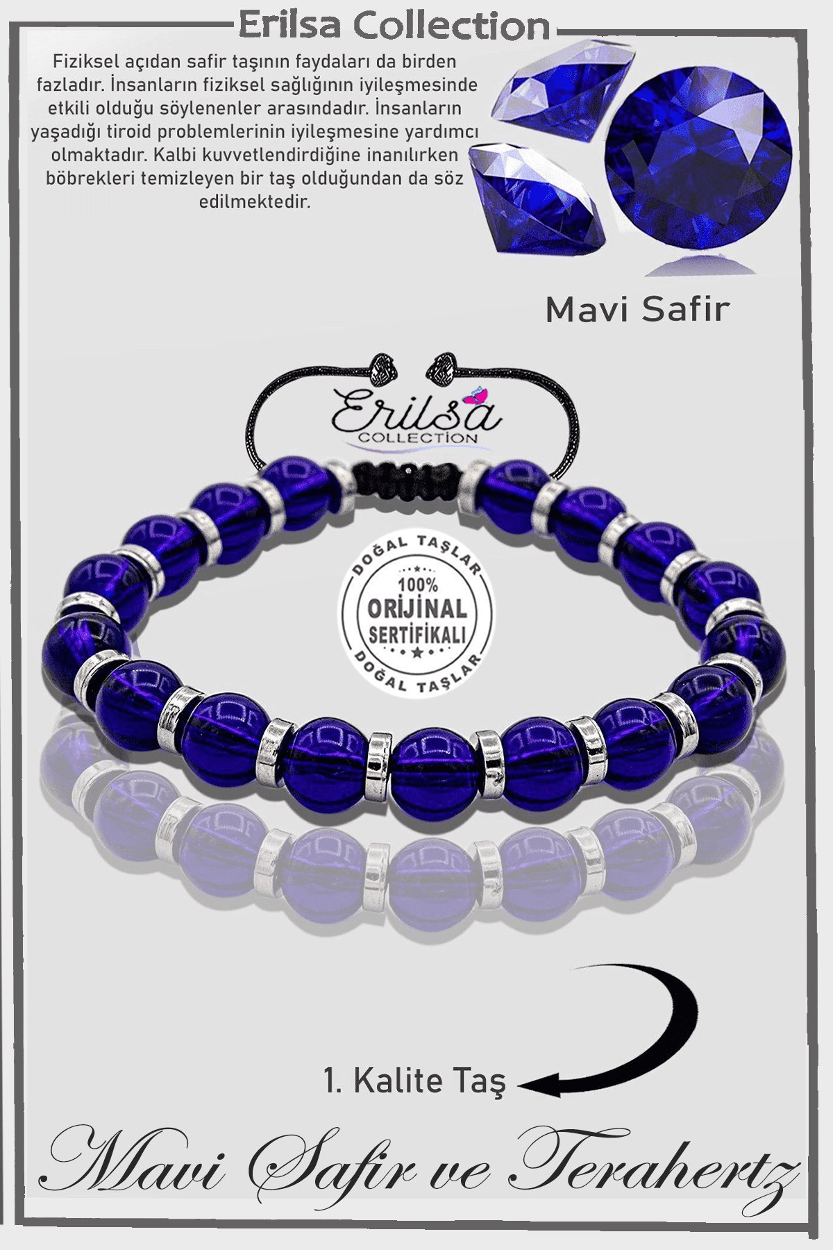 Sertifikalı AAA+ Hematit -  Mavi Safir Taşı Bileklik - Ayarlamalı