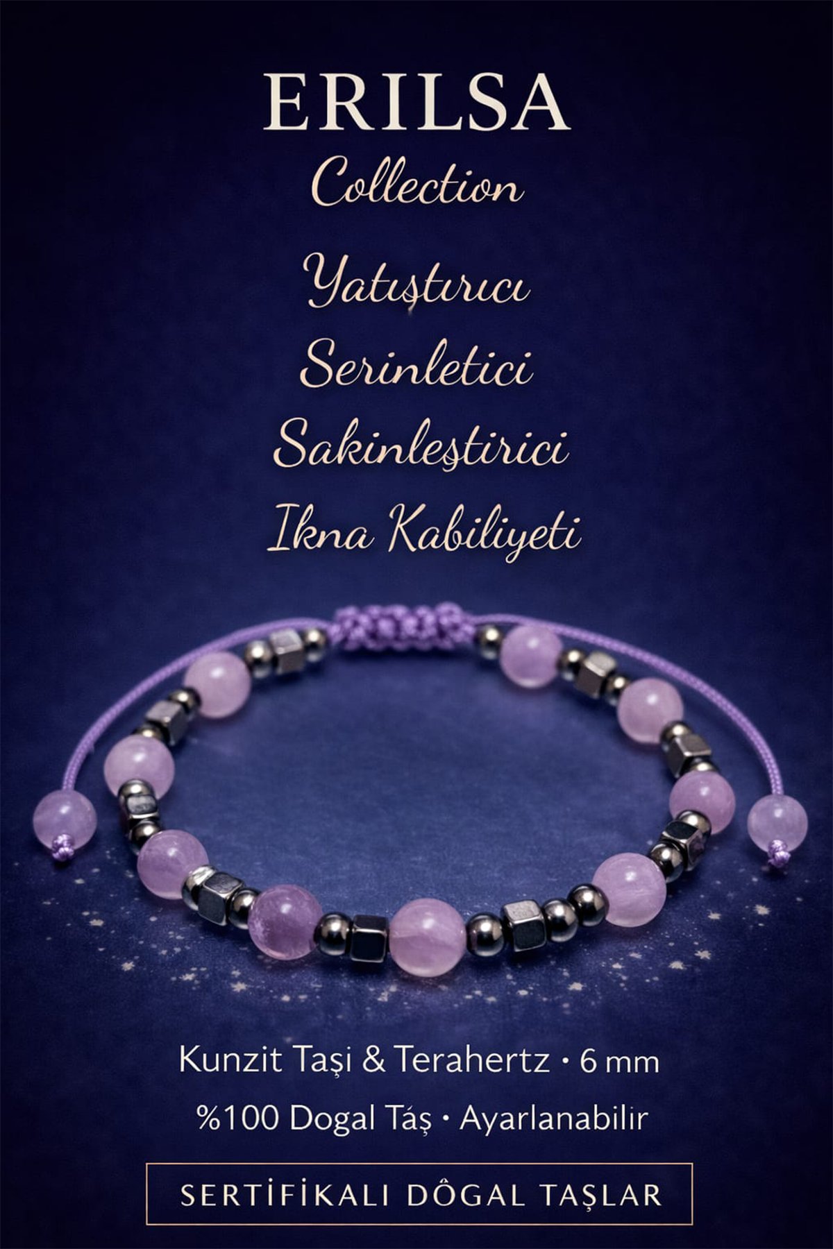 Sertifikalı Yatıştırıcı ve Sakinleştirici Bilekliği – Kunzit Taşı Terahertz Taşı 6mm Doğal Taş