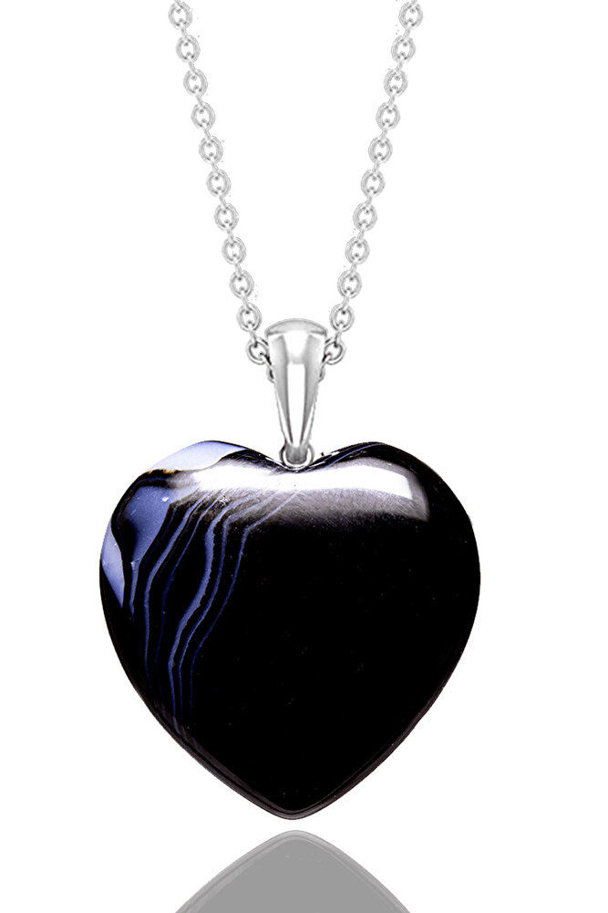 Sertifikalı Kalp Kesim Siyah Akik Taşı Kolye