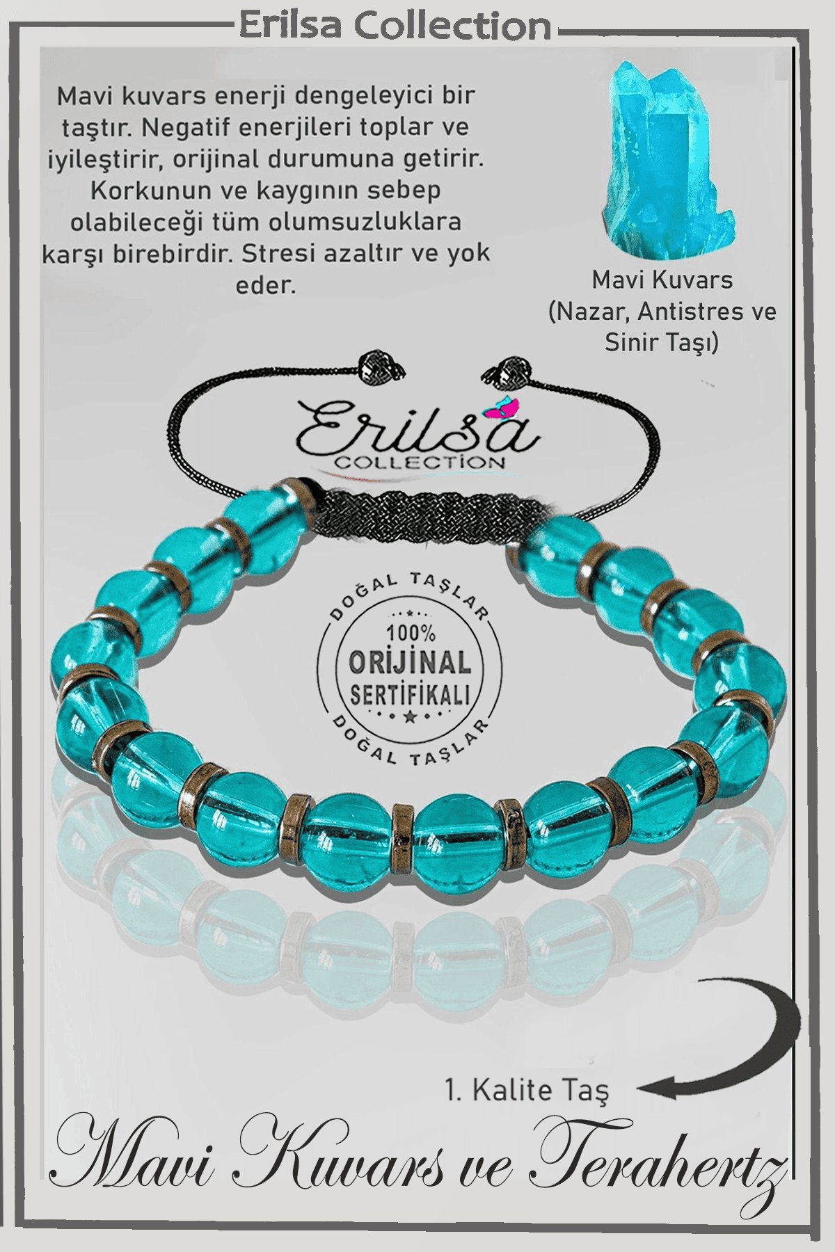 Sertifikalı Gerçek Hematit - Açık Mavi Kuvars Taşı Bileklik - Ayarlamalı