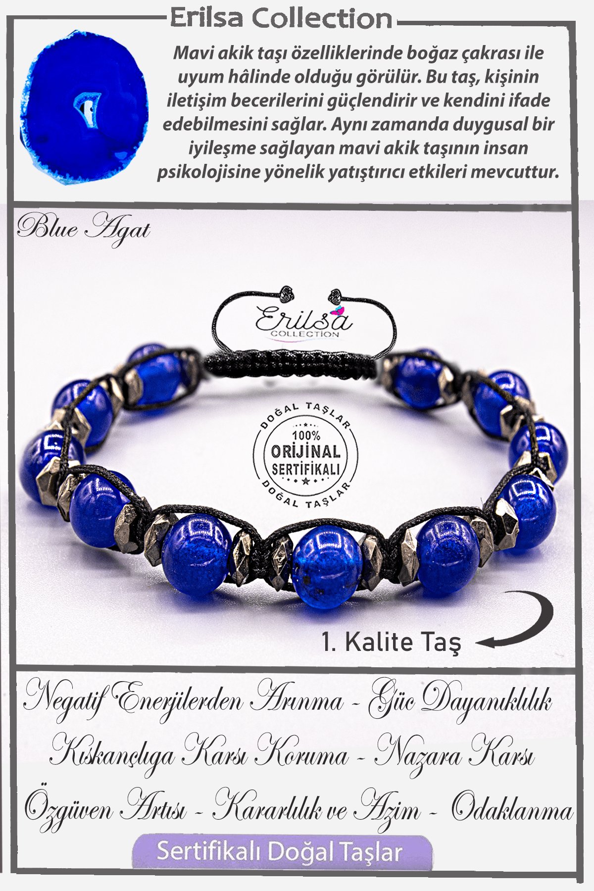 Sertifikalı AAA+ Kalite Gerçek Terahertz - Mavi Akik Taşı Bileklik