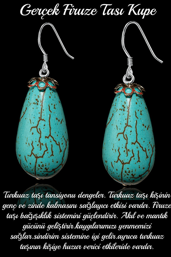 Sertifikalı 1.kalite Damla Kesim Boyasız Firuze Taşı Doğal Taş Küpe - Iran