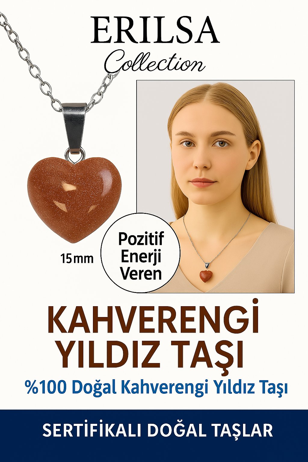 Sertifikalı Kalp Model Mini Kahverengi Yıldız Taşı Kolye – Motivasyon ve İçsel Parlaklık Taşı