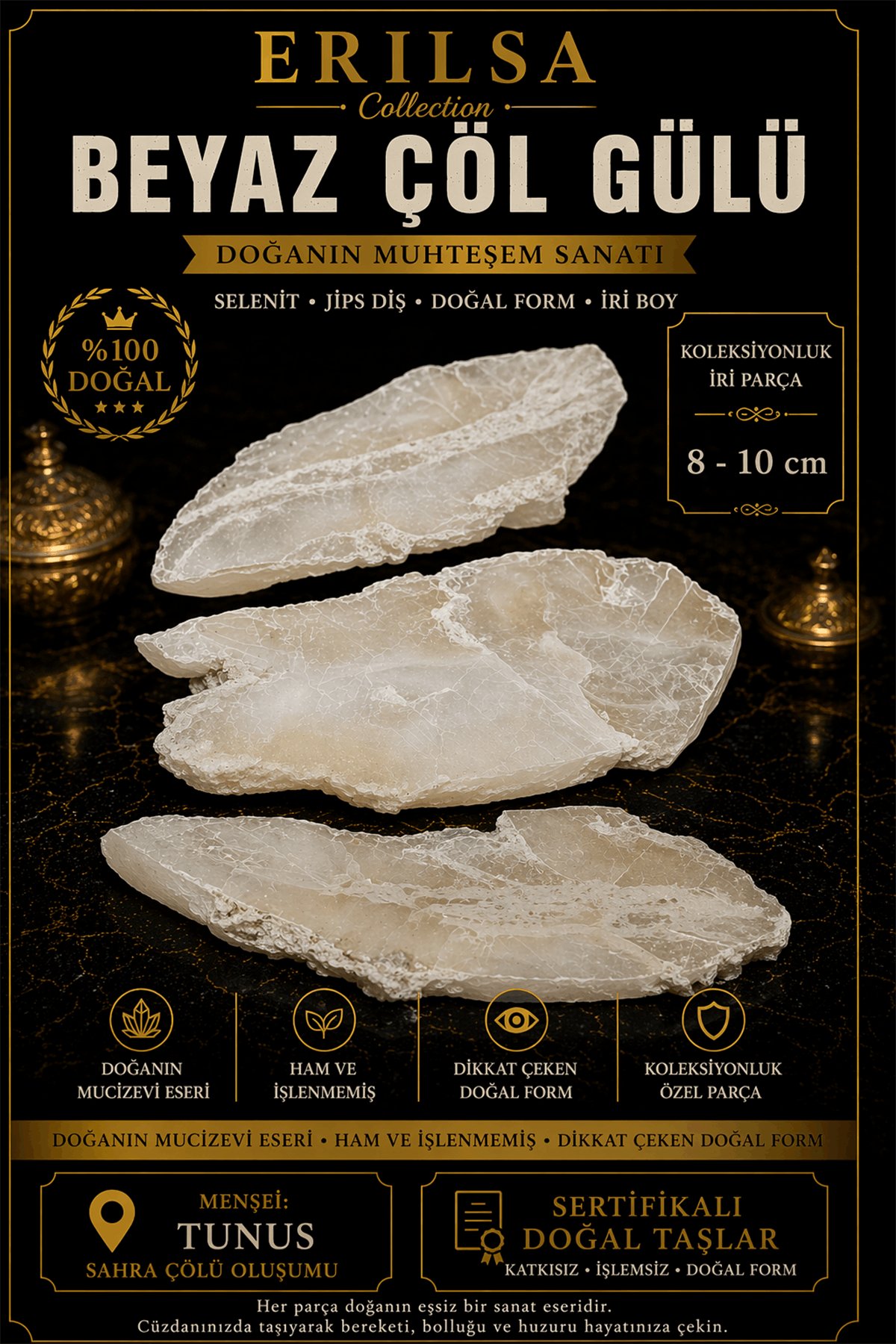Sertifikalı Beyaz Çöl Gülü Selenit Taşı Kütle - İri Boy 8-10 cm Koleksiyonluk Doğal Taş