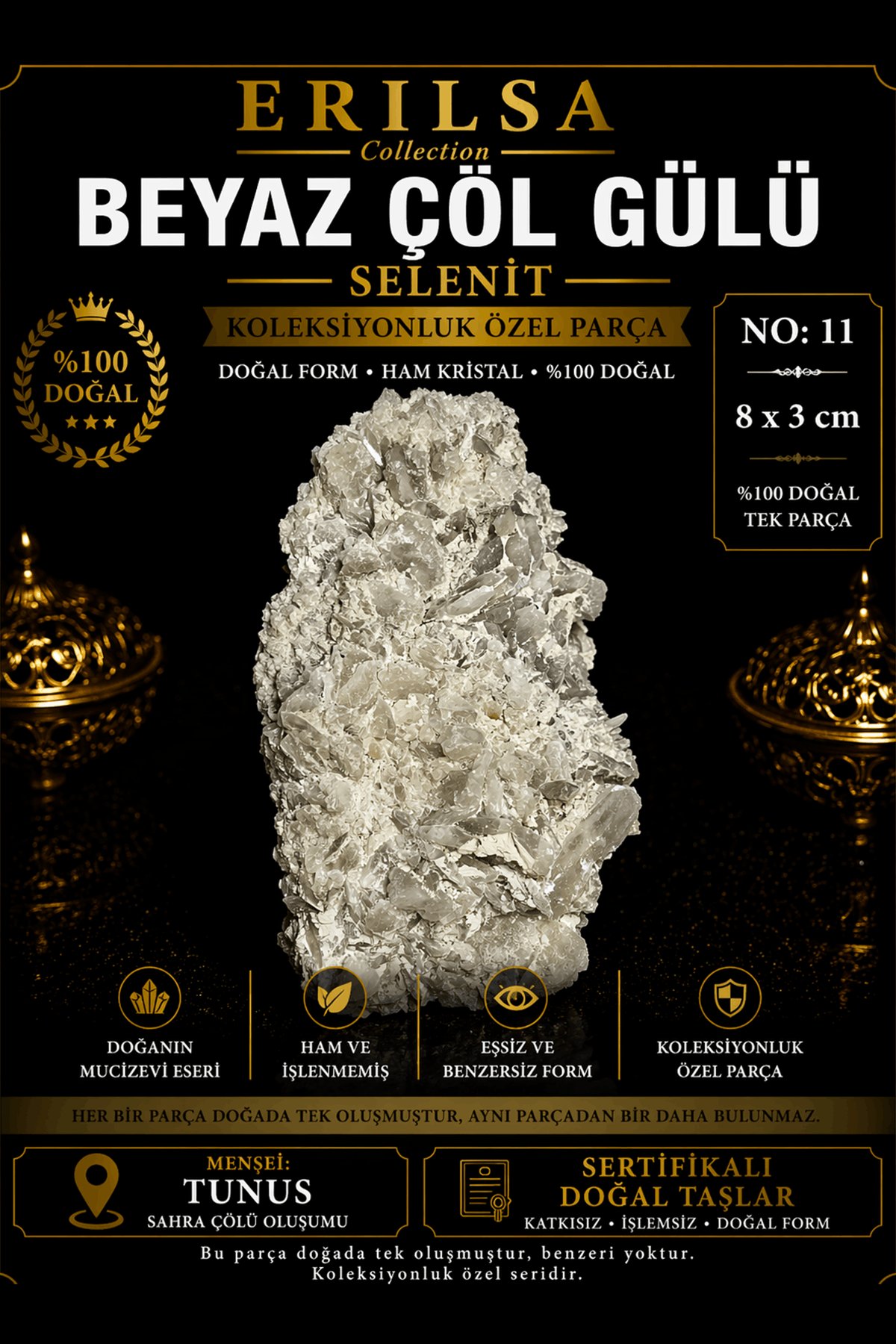 Sertifikalı Beyaz Çöl Gülü Selenit Taşı Kütle - 8x3 cm Koleksiyonluk Doğal Tek Parça