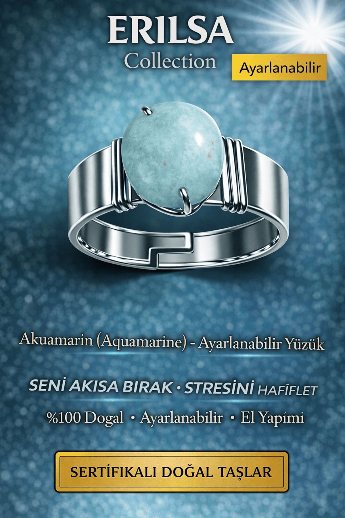 Sertifikalı Akuamarin Doğal Taş Ayarlanabilir Yüzük – Sakinleştirici Enerji Taşı El Yapımı