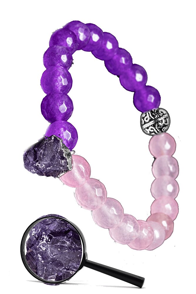 Sertifikalı Gümüş Aparatlı Doğal Pembe Kuvars Mor Akik Taşı Bileklik - Ametist Sallantı
