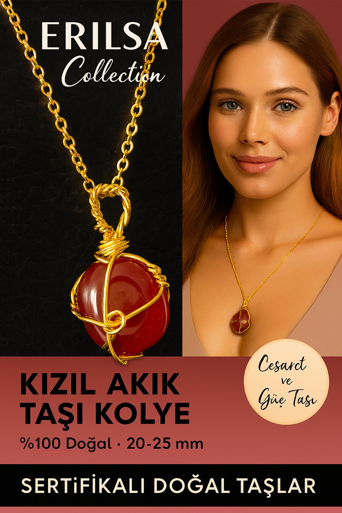 Sertifikalı Tel Sargılı Gold Renkli Doğal Kızıl Yemen Akik Taşı Kolye – Cesaret ve Güç Taşı