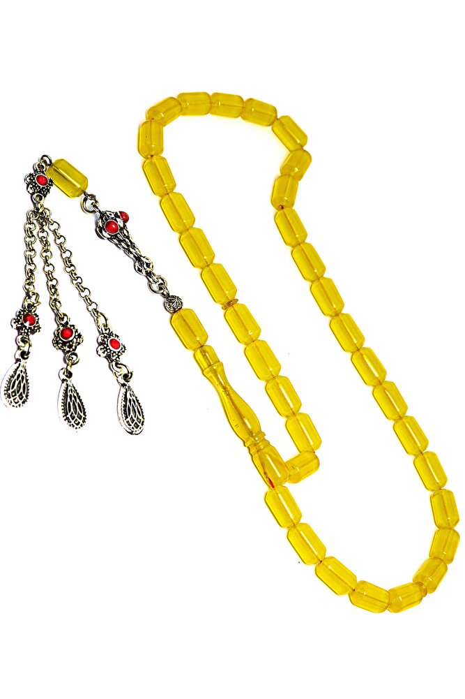 Sarı Renkli Kapsül Kesim Kırmızı Halep Püsküllü Zar Kehribar Tesbih