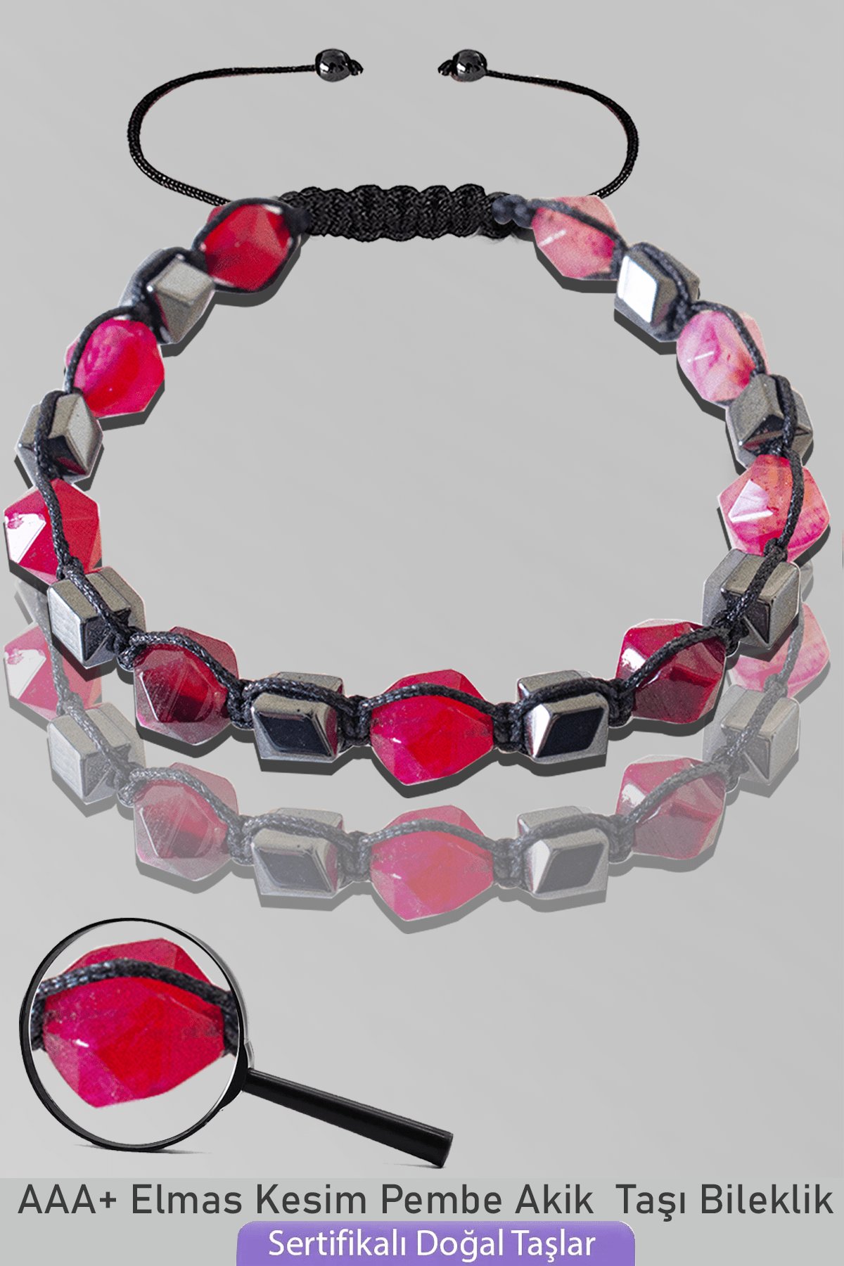 Sertifikalı AAA+ Elmas Kesim Terahertz - Pembe Akik Taşı Bileklik - Ayarlamalı
