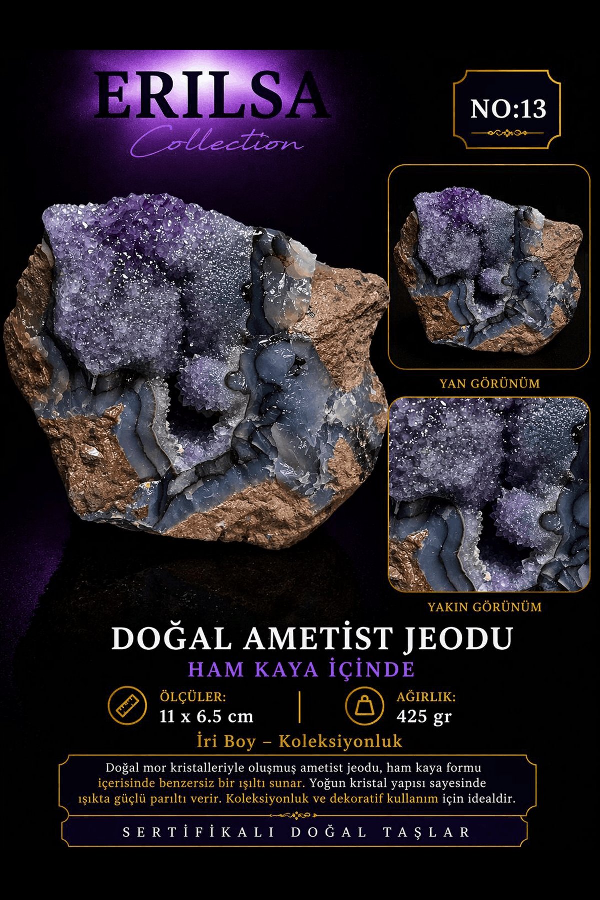 Sertifikalı Doğal Ametist Jeodu Taşı Kütle İri Boy Ham Kaya Kristalli Koleksiyonluk Dekoratif Taş