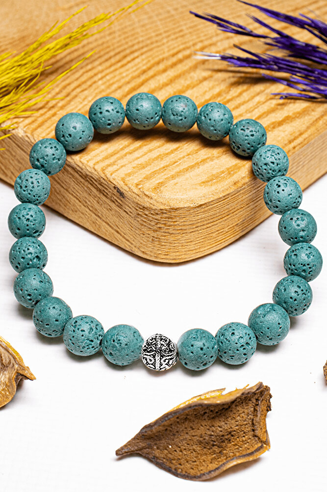 Sertifikalı Volkanik Turkuaz Lav Taşı Bileklik - Gümüş Aparatlı