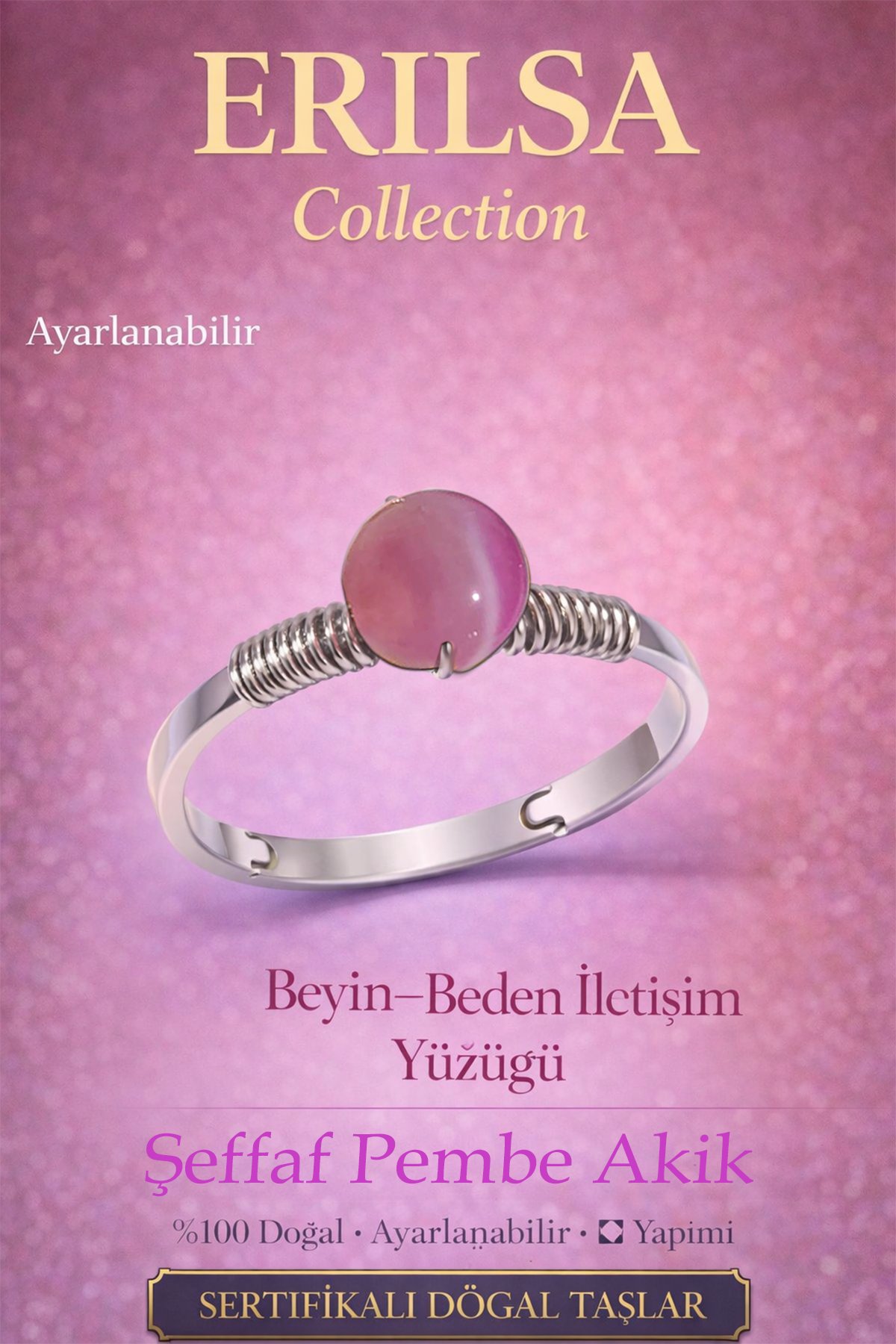 Sertifikalı Beyin Beden İletişim Enerji Yüzüğü – Şeffaf Pembe Akik Ayarlamalı İnce Terazi Yengeç