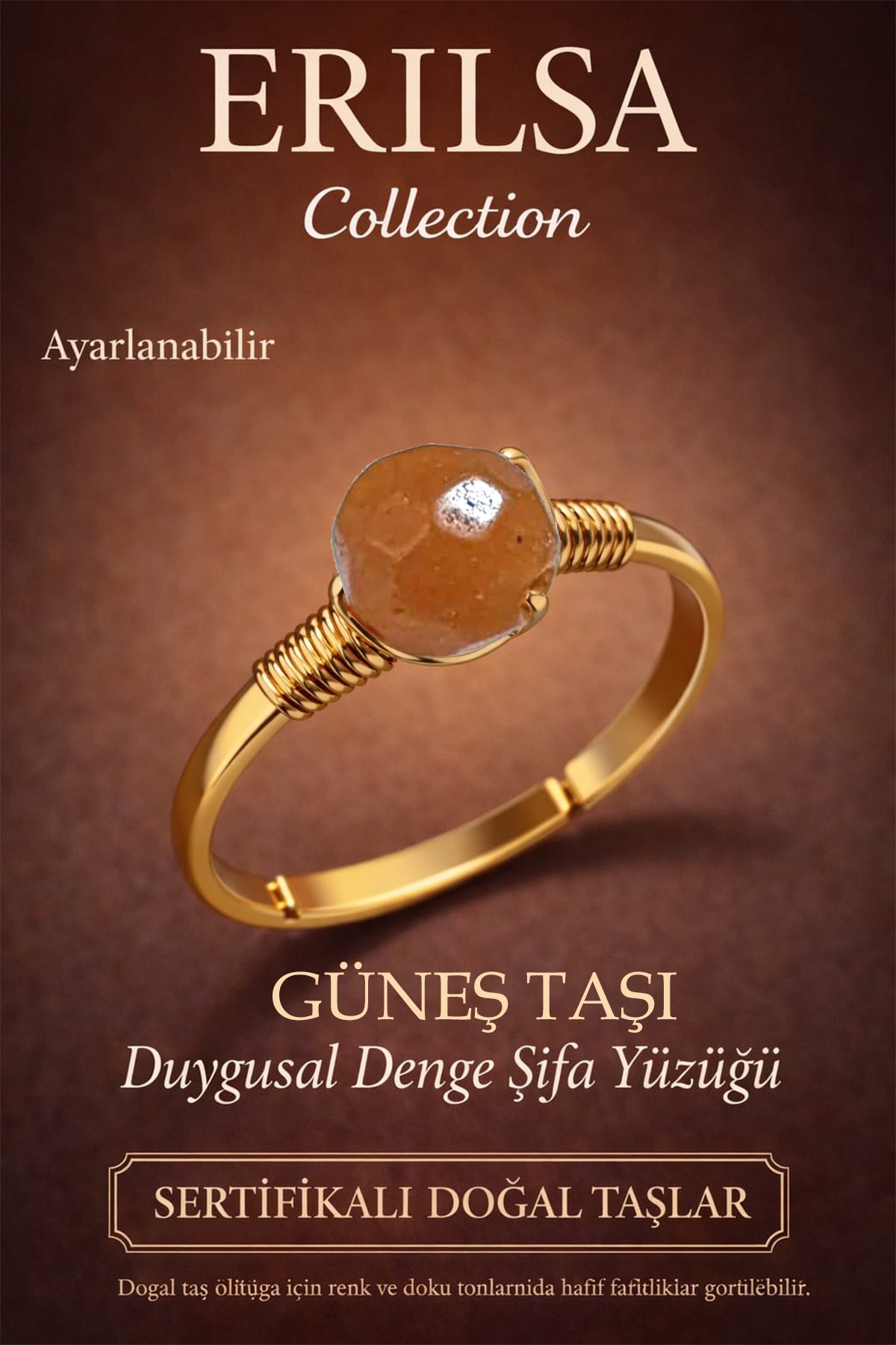 Sertifikalı Duygusal Denge Enerji Yüzüğü – Güneş Taşı Ayarlanabilir Gold İnce Aslan Koç Yay Burcu